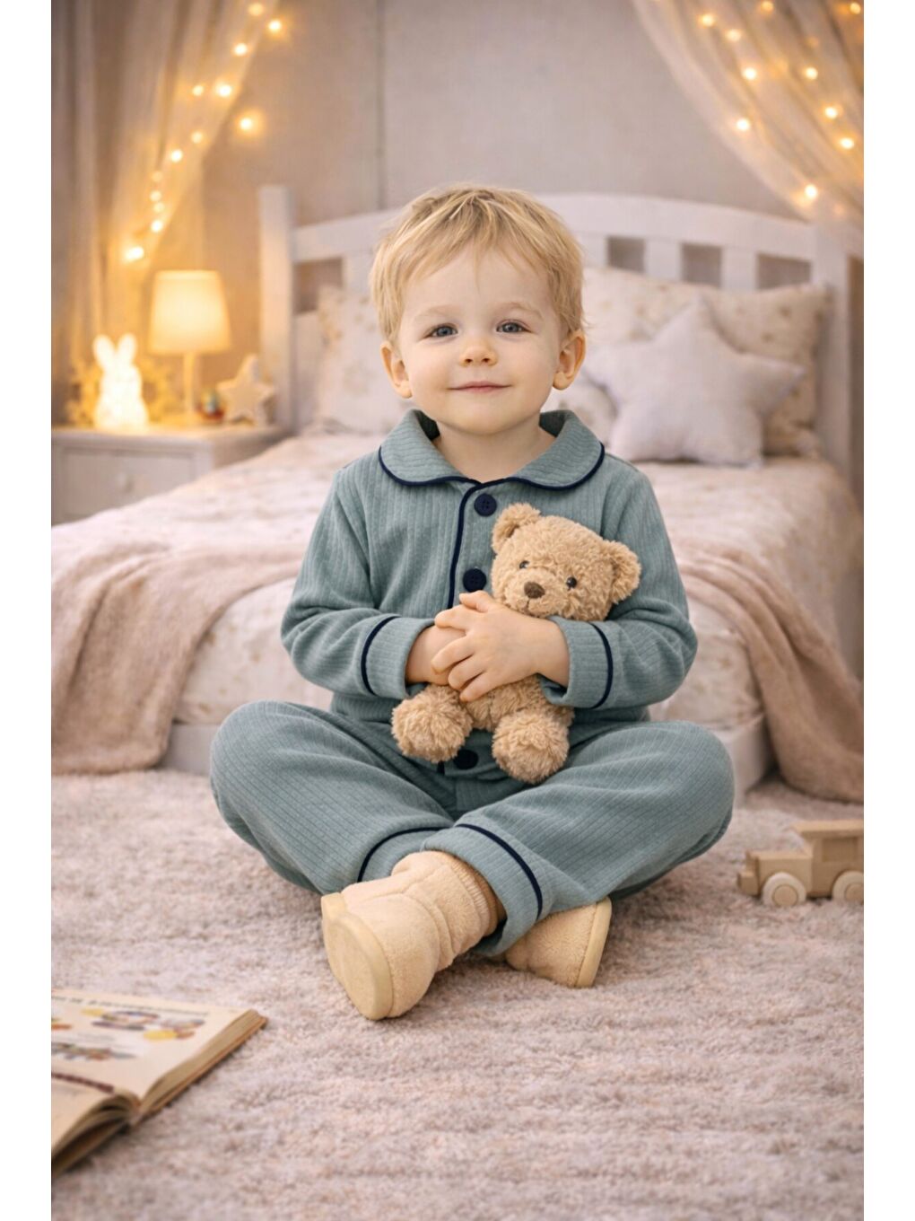 Gri Bebek Düğmeli Pijama Takımı Yumuşak Kumaş Uzun Kollu-4