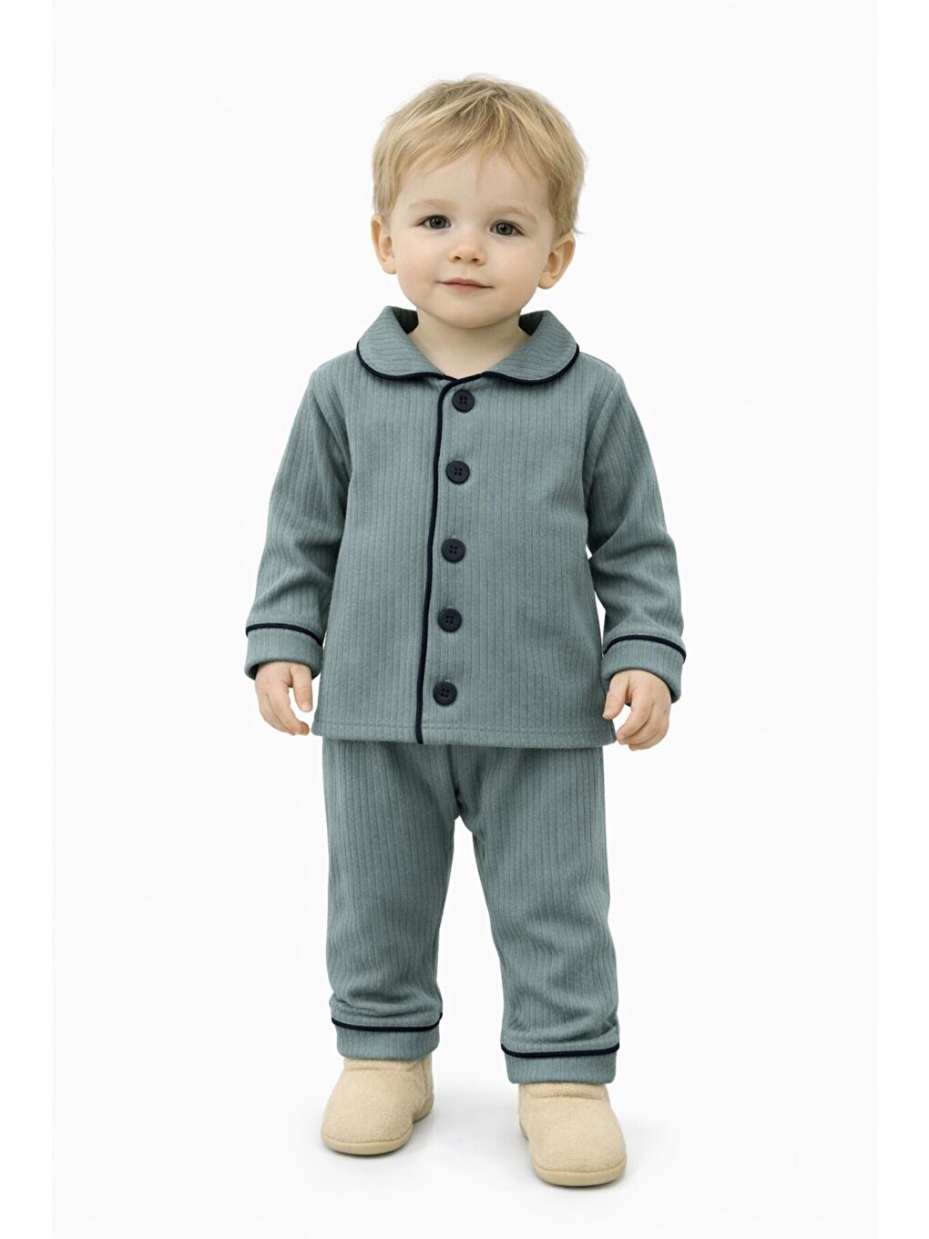 Gri Bebek Düğmeli Pijama Takımı Yumuşak Kumaş Uzun Kollu-5