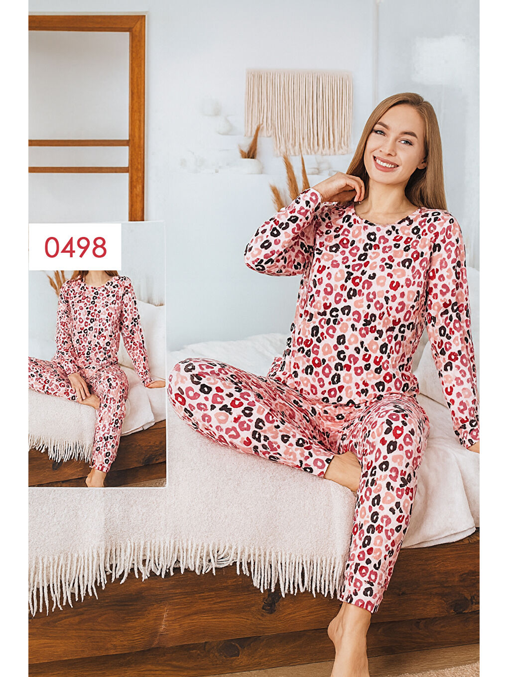 Kırmızı Kadın Desenli Comfort Pijama Takımı 0498 Nar Çiçeği-3