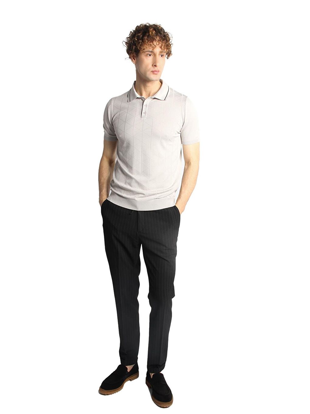 Bej Taş Slim Fit Dar Kalıp Polo Yaka Düz Kısa Kollu Triko Tişört