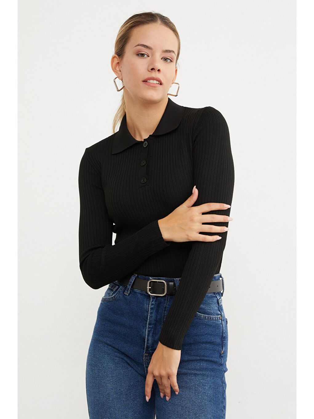 Siyah Fitilli Polo Yaka Yarım Düğmeli Triko Kazak-3