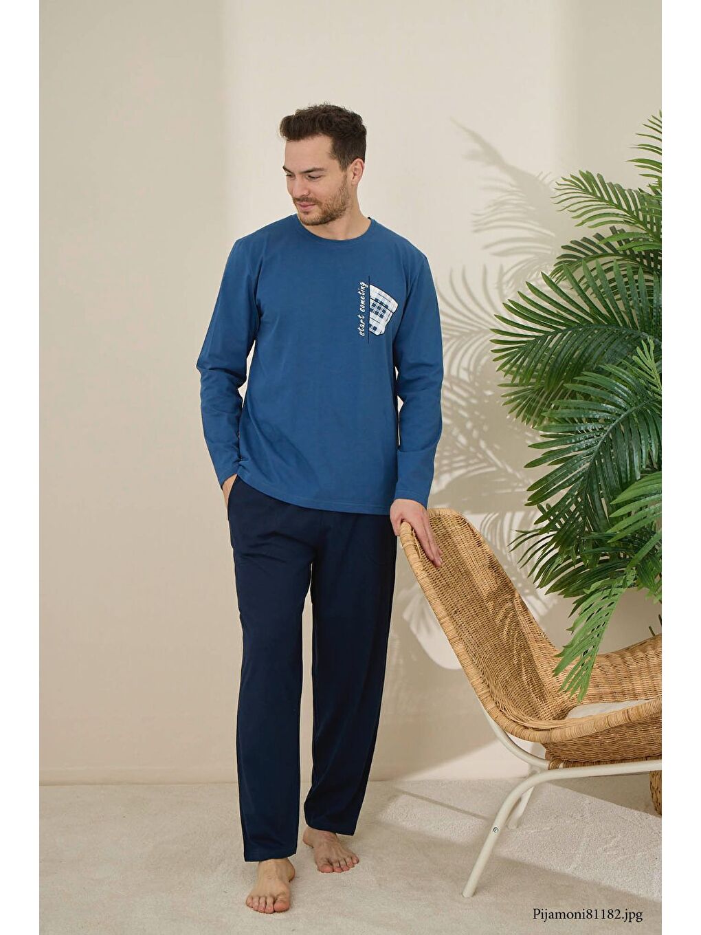 Lacivert Erkek %100 Pamuk Uzun Kollu Baskılı Kaliteli Pijama Takımı