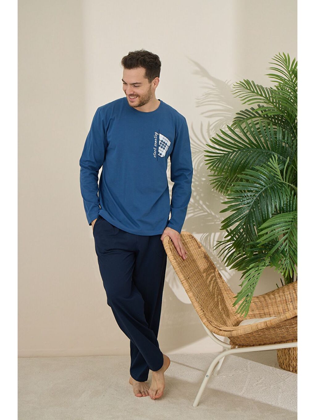 Lacivert Erkek %100 Pamuk Uzun Kollu Baskılı Kaliteli Pijama Takımı-1