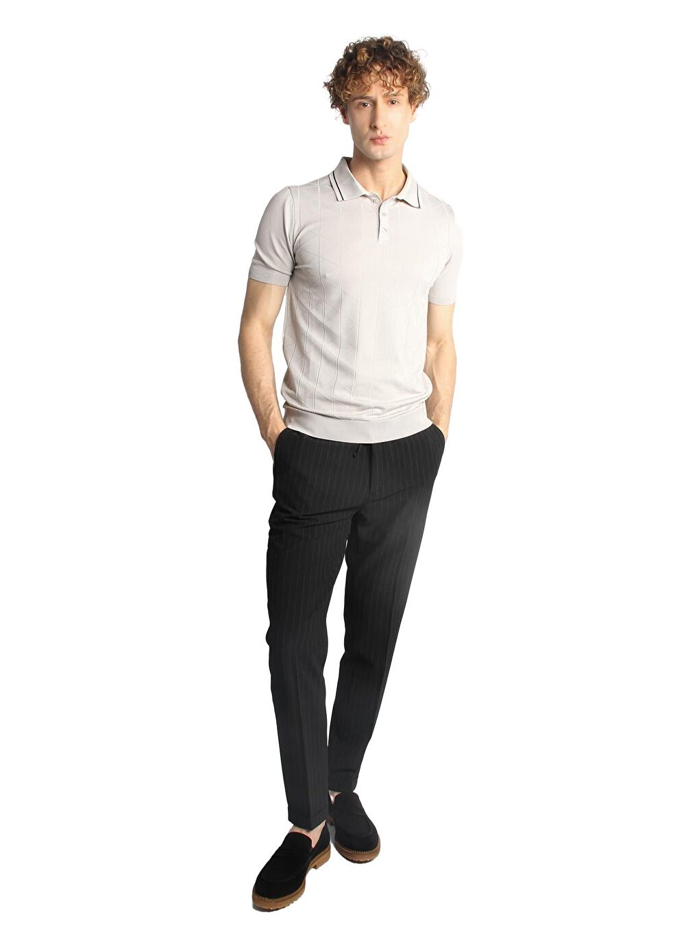 Bej Taş Slim Fit Dar Kalıp Polo Yaka Düz Kısa Kollu Triko Tişört-1