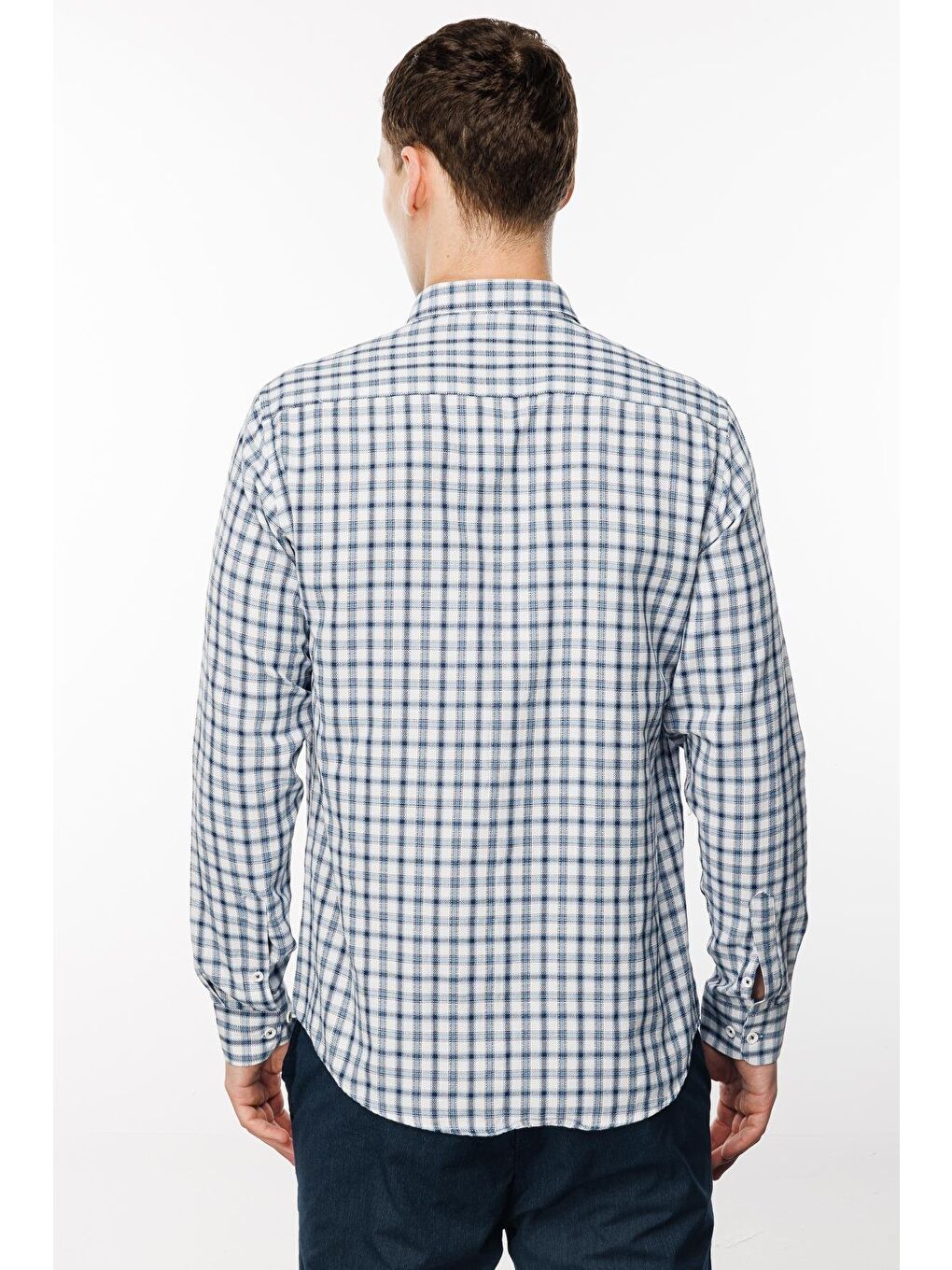 Lacivert Dynamic Fit  Düğmeli Yaka Ekose Uzun Kollu Cepsiz Pamuklu Gömlek-1