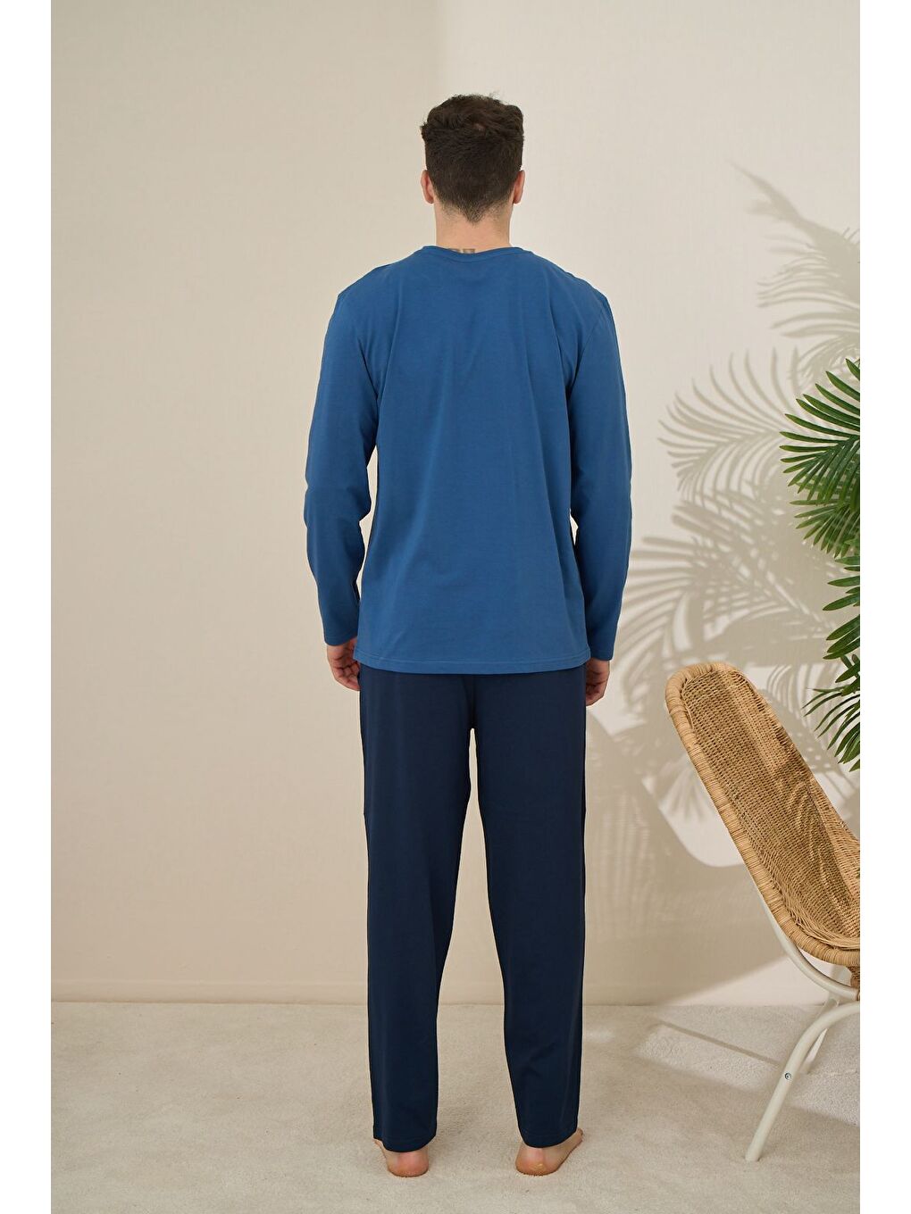 Lacivert Erkek %100 Pamuk Uzun Kollu Baskılı Kaliteli Pijama Takımı-2