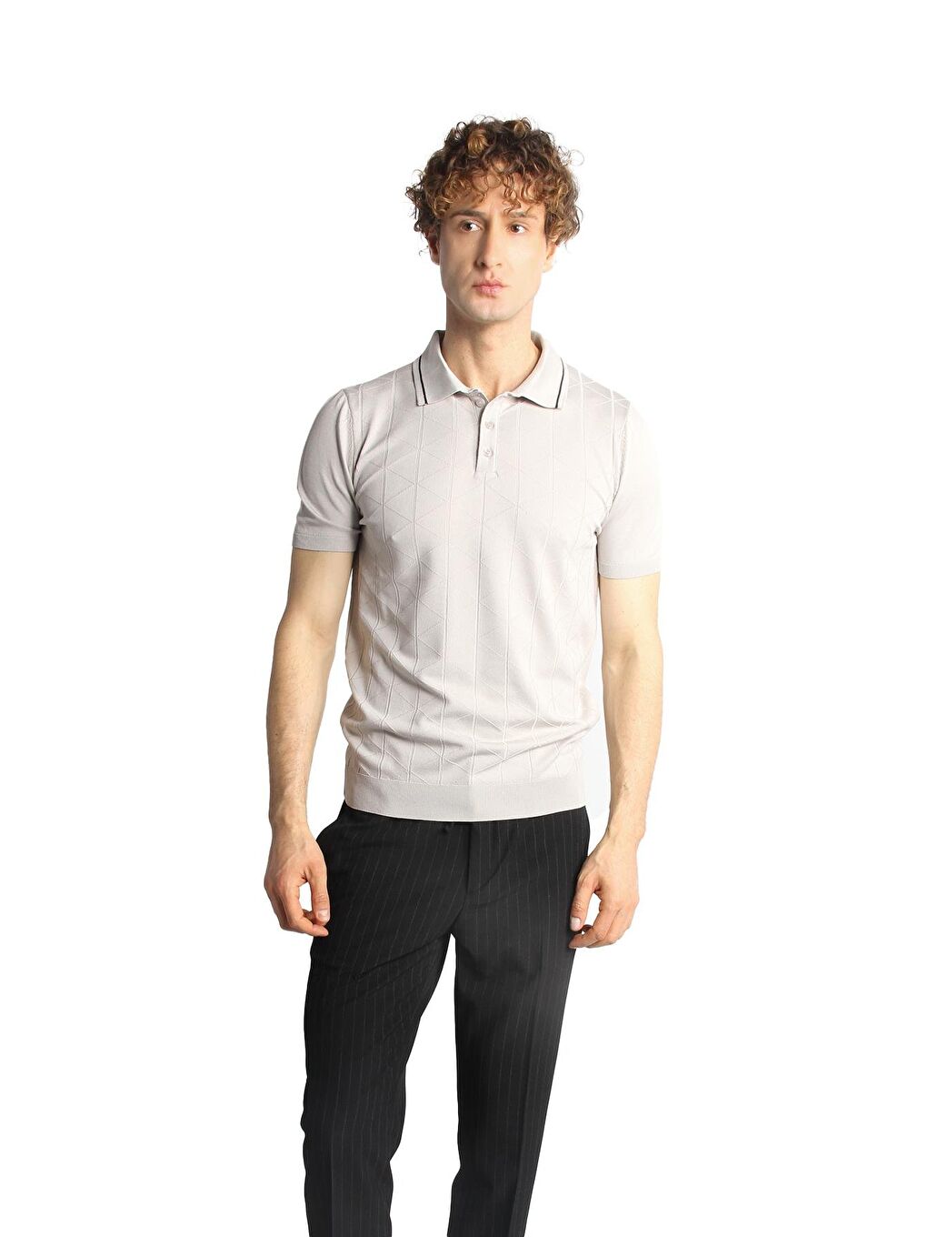 Bej Taş Slim Fit Dar Kalıp Polo Yaka Düz Kısa Kollu Triko Tişört-2