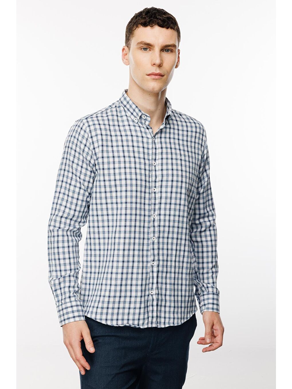 Lacivert Dynamic Fit  Düğmeli Yaka Ekose Uzun Kollu Cepsiz Pamuklu Gömlek-2