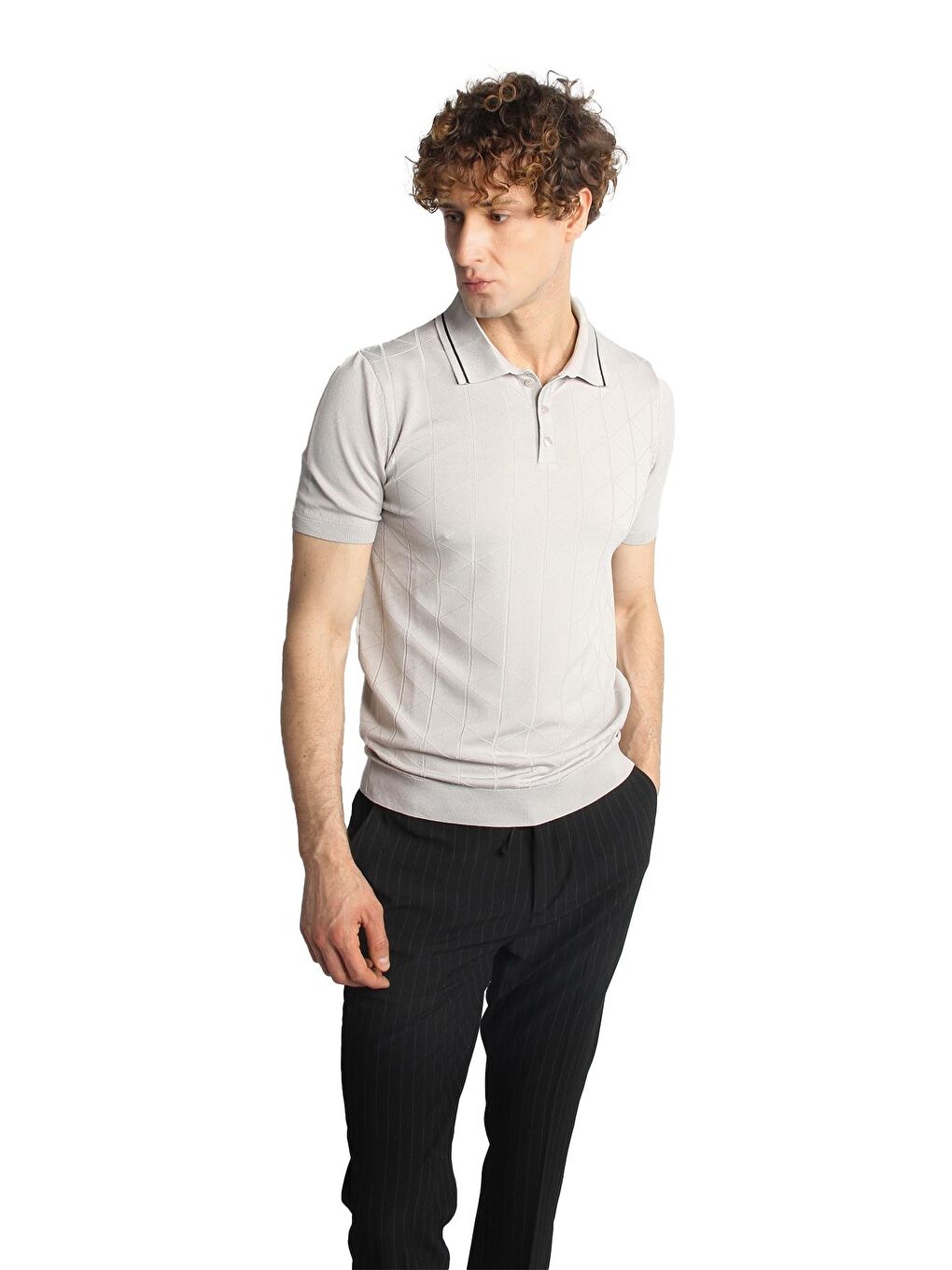 Bej Taş Slim Fit Dar Kalıp Polo Yaka Düz Kısa Kollu Triko Tişört-3