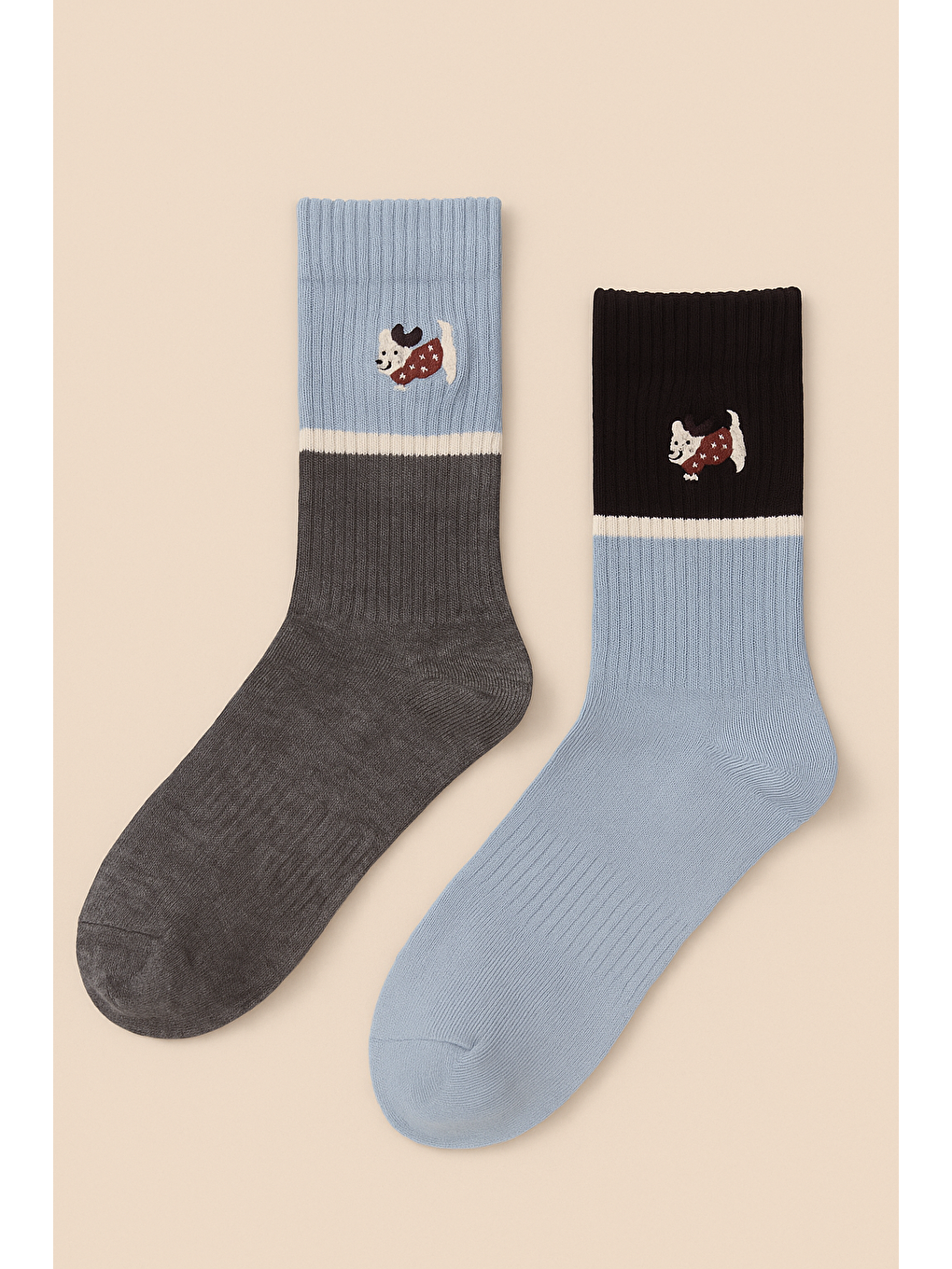 Unisex 2'Li Köpek Nakışlı Soket Çorap Mavi Mix