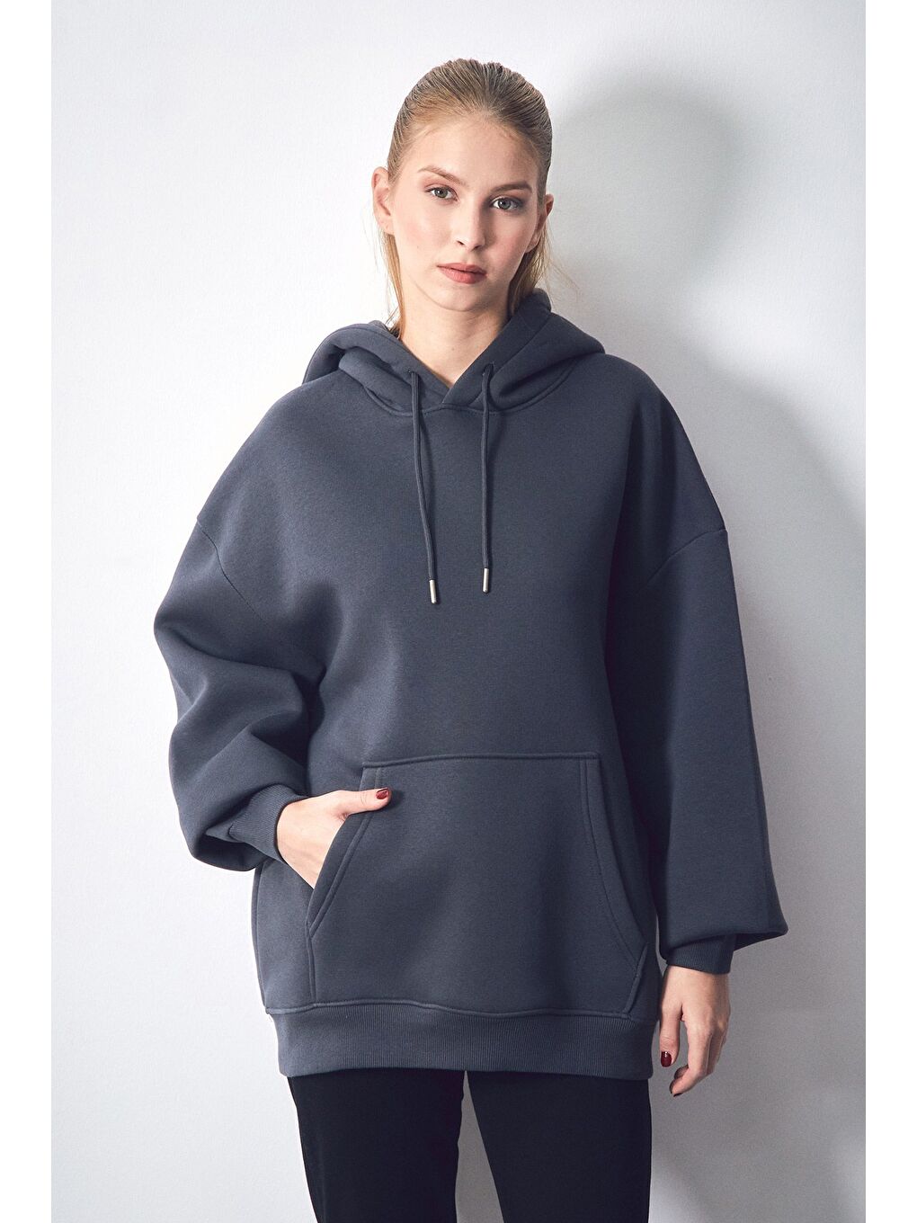 Fullamoda Antrasit 3 İplik Kanguru Cepli Kapüşonlu Oversize Sweatshirt