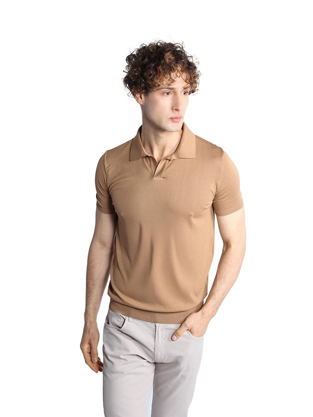 Bej Vizon Slim Fit Dar Kalıp Polo Yaka Düz Kısa Kollu Triko Tişört-1