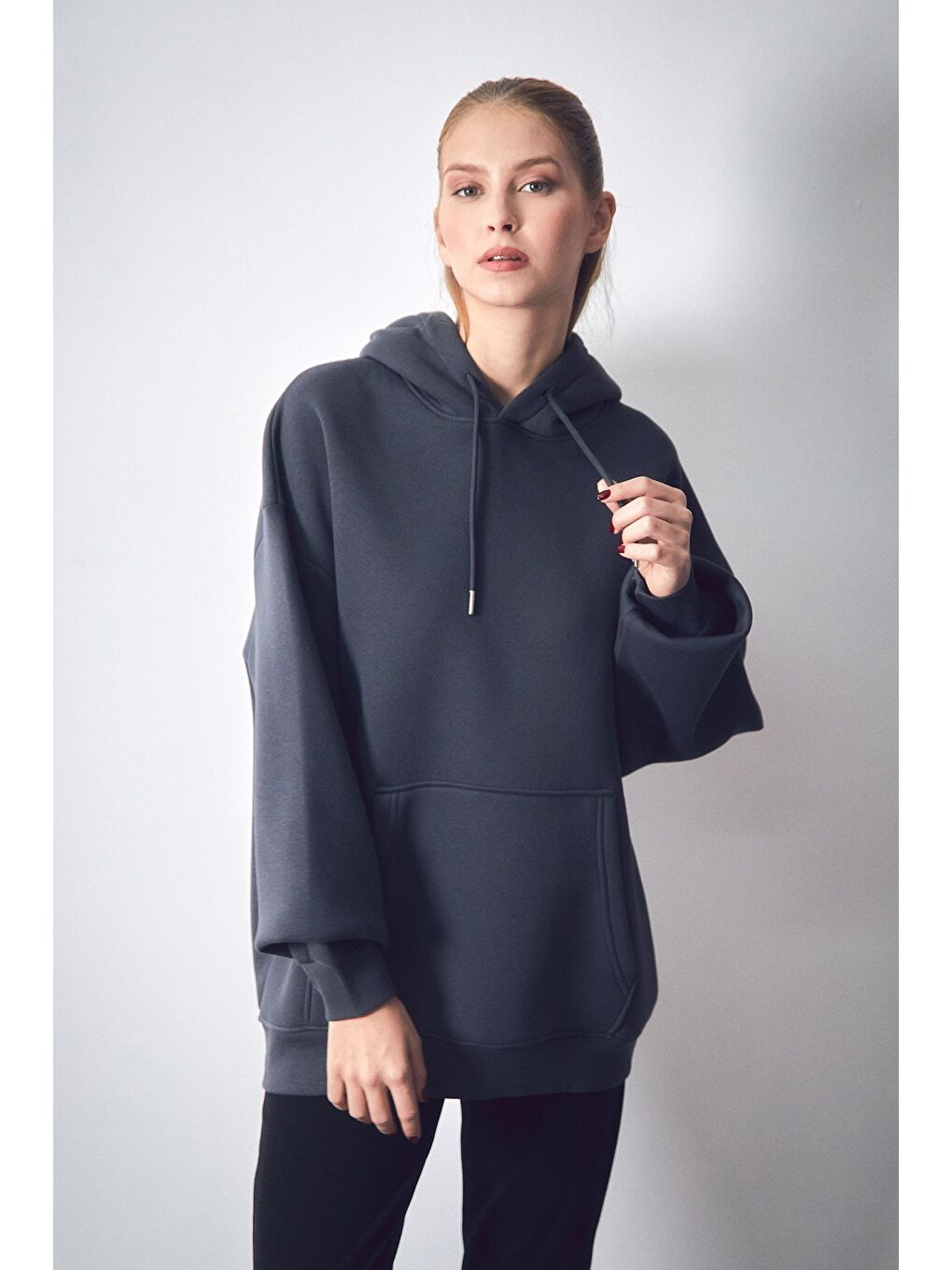 Fullamoda Antrasit 3 İplik Kanguru Cepli Kapüşonlu Oversize Sweatshirt - 1