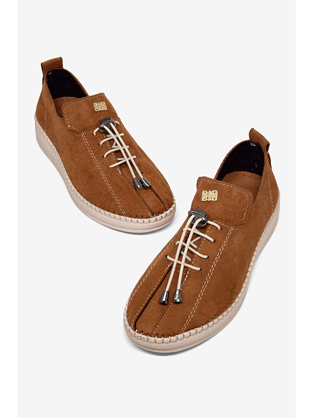 Kahverengi Kadın Taba Rahat Kalıp Taş Detaylı Bağcıklı Loafer-1