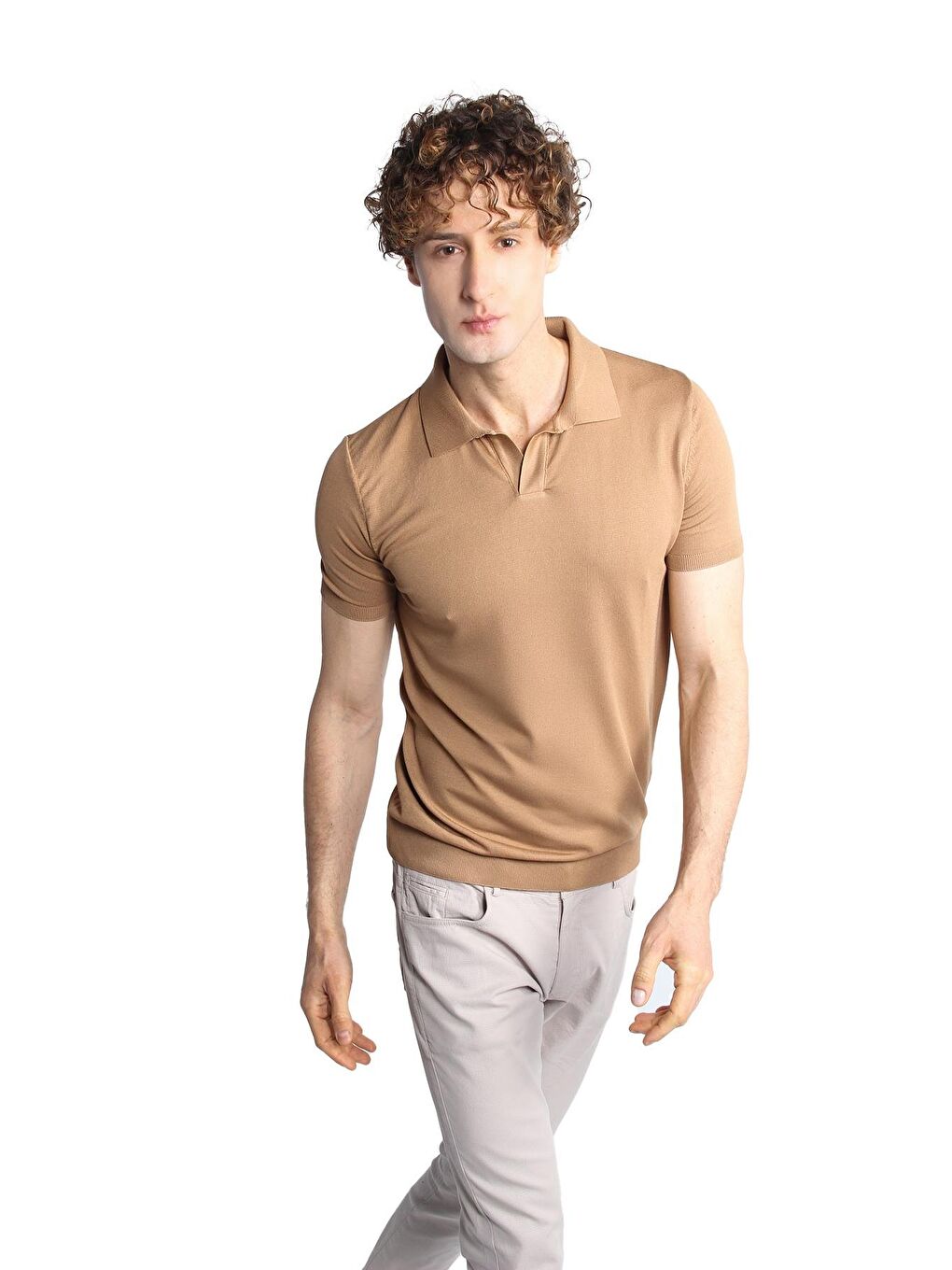 Bej Vizon Slim Fit Dar Kalıp Polo Yaka Düz Kısa Kollu Triko Tişört-2
