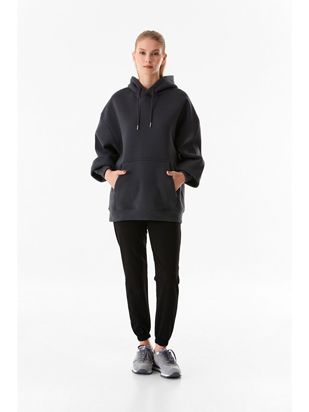 Fullamoda Antrasit 3 İplik Kanguru Cepli Kapüşonlu Oversize Sweatshirt - 3