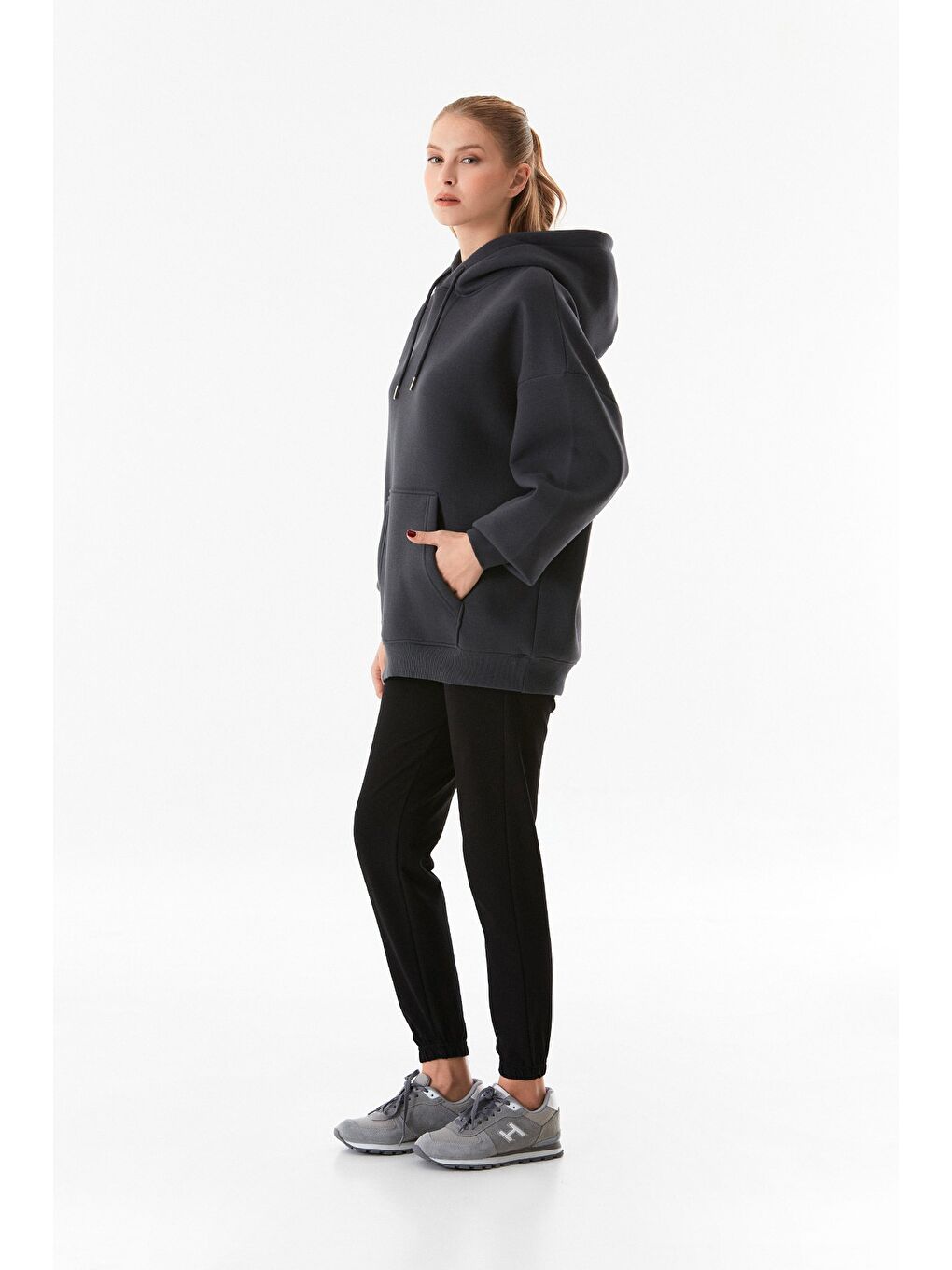 Fullamoda Antrasit 3 İplik Kanguru Cepli Kapüşonlu Oversize Sweatshirt - 4