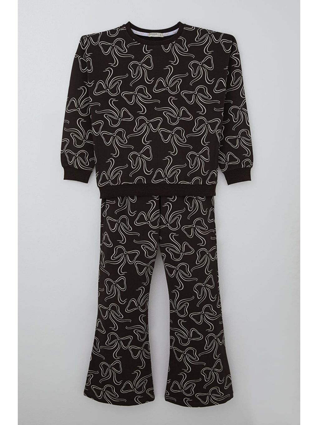 Kahverengi Kız Çocuk Eşofman Takımı Kurdele Desenli Bel Kısmı Lastikli Koyu Kahve (9-14 Yaş)