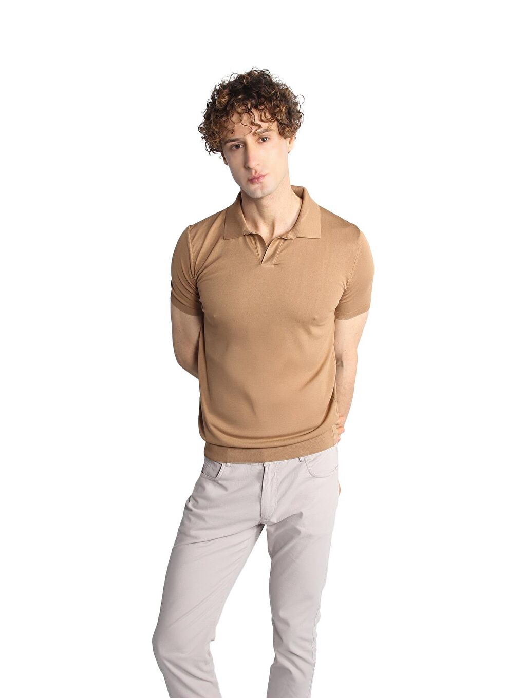 Bej Vizon Slim Fit Dar Kalıp Polo Yaka Düz Kısa Kollu Triko Tişört-3