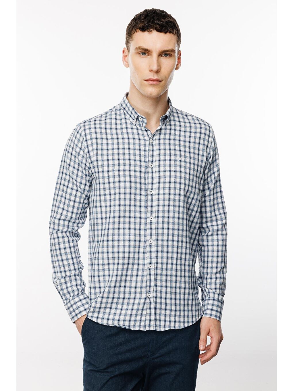 Lacivert Dynamic Fit  Düğmeli Yaka Ekose Uzun Kollu Cepsiz Pamuklu Gömlek-4