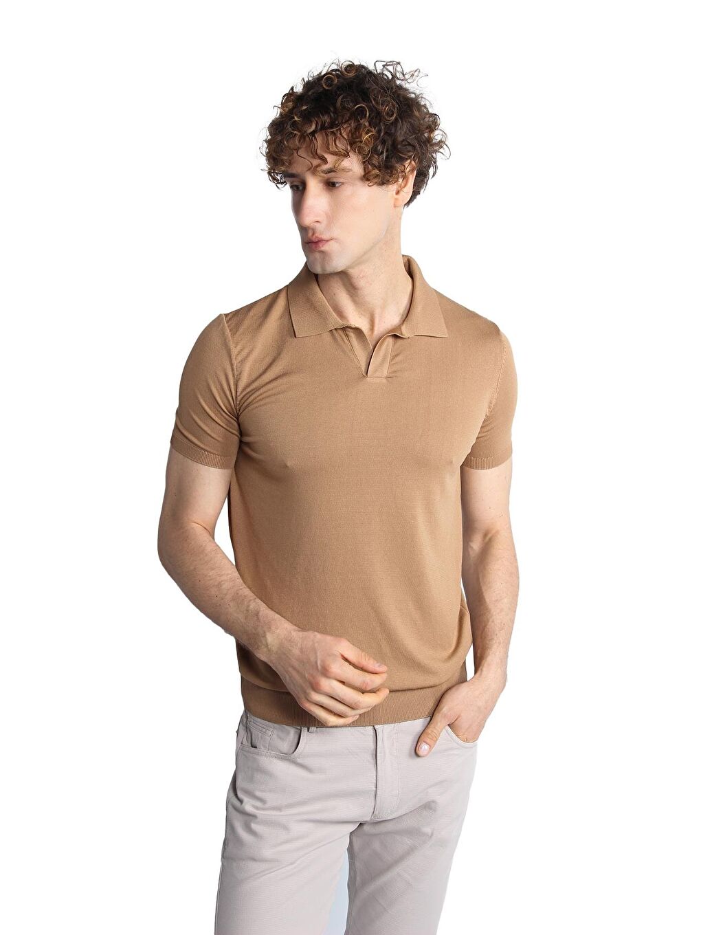 Bej Vizon Slim Fit Dar Kalıp Polo Yaka Düz Kısa Kollu Triko Tişört-4