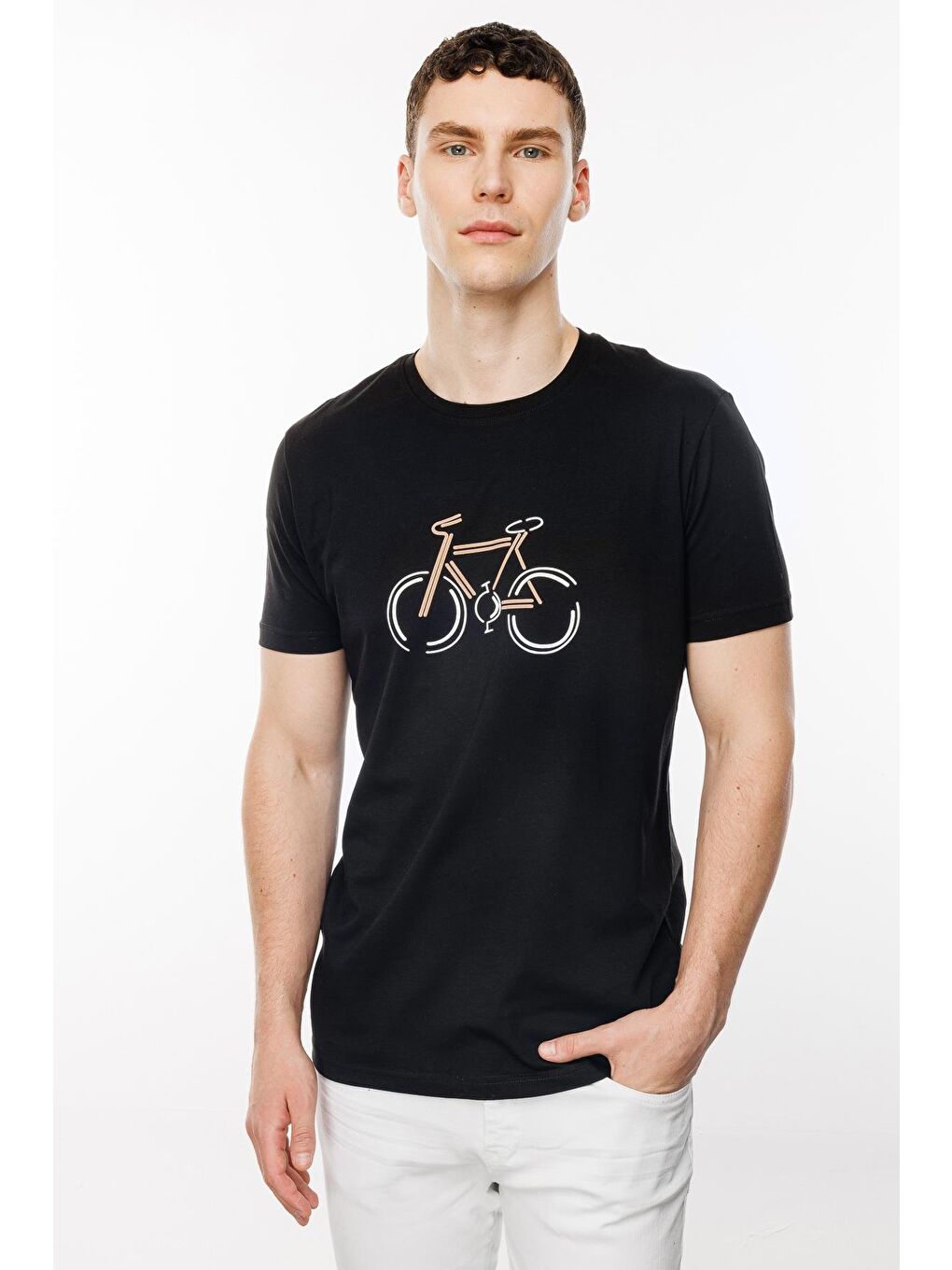 Siyah Standart Fit Dar Kalıp Bisiklet Yaka Baskılı Kısa Kollu  %100 Pamuk Tişört-2