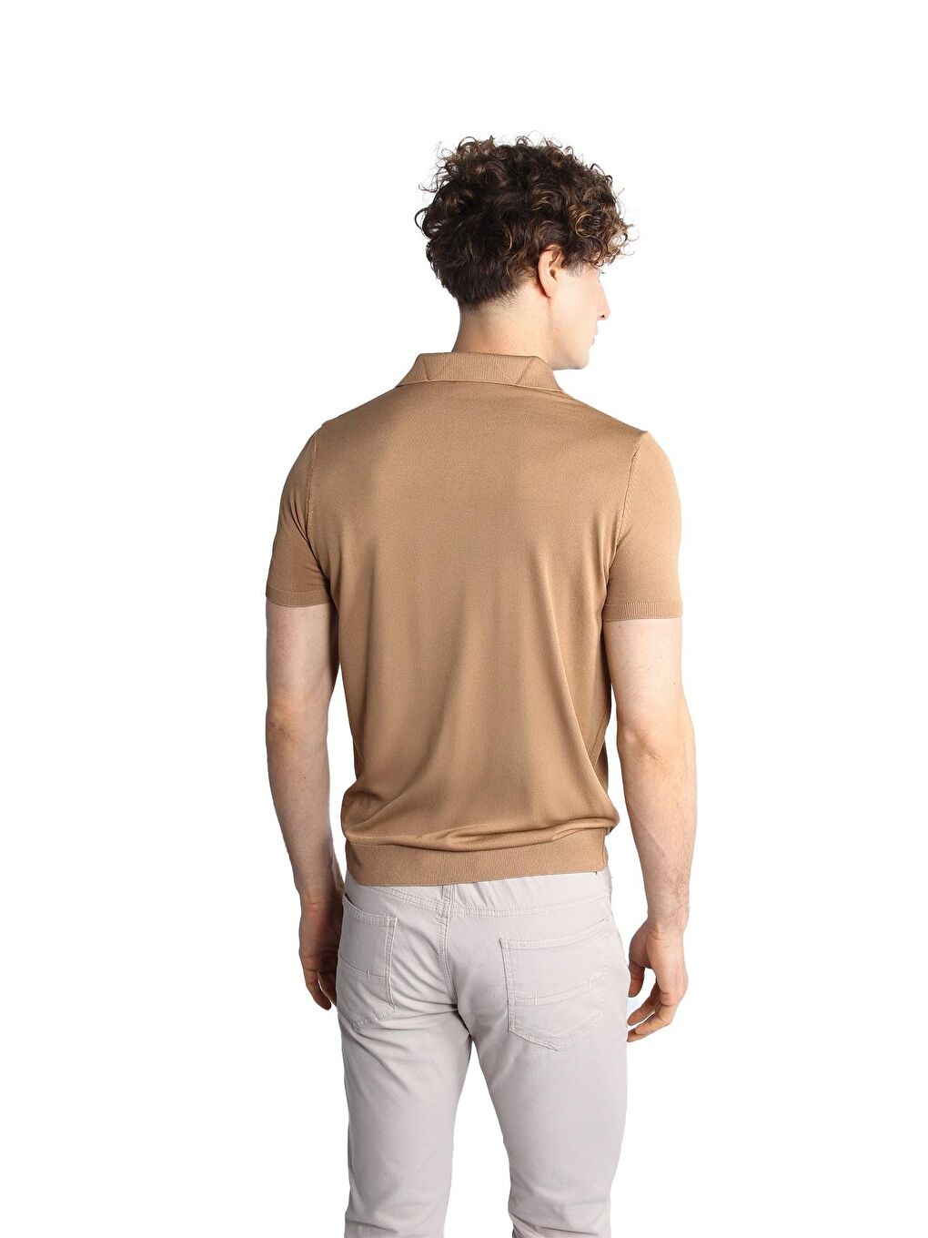 Bej Vizon Slim Fit Dar Kalıp Polo Yaka Düz Kısa Kollu Triko Tişört-5