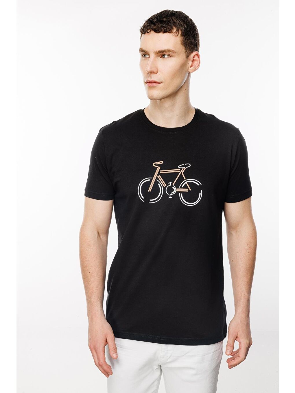 Siyah Standart Fit Dar Kalıp Bisiklet Yaka Baskılı Kısa Kollu  %100 Pamuk Tişört-4