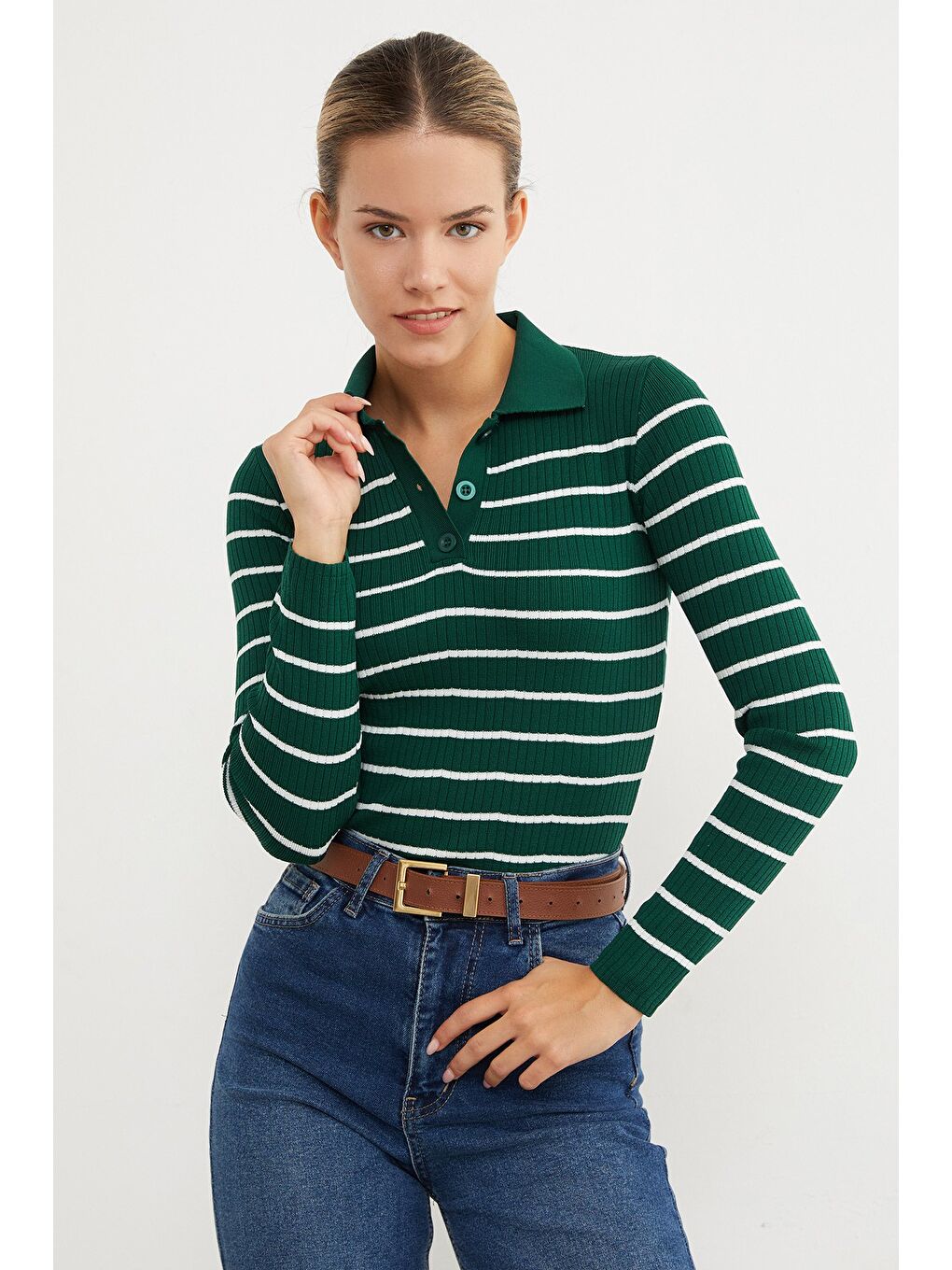 Yeşil Çizgili Polo Yaka Yarım Düğmeli Triko Kazak