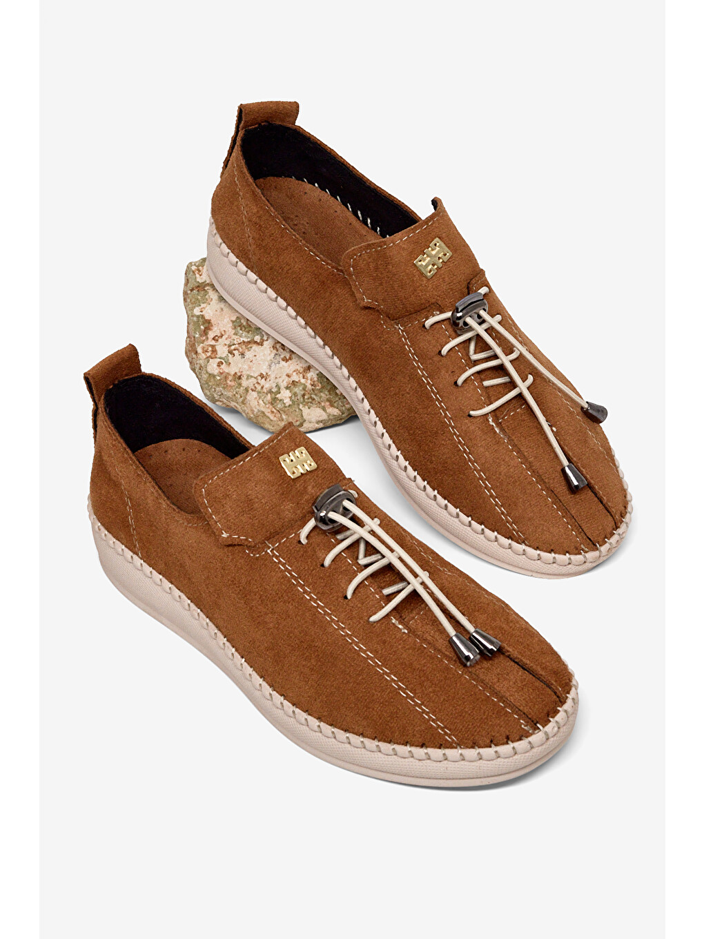 Kahverengi Kadın Taba Rahat Kalıp Taş Detaylı Bağcıklı Loafer-3