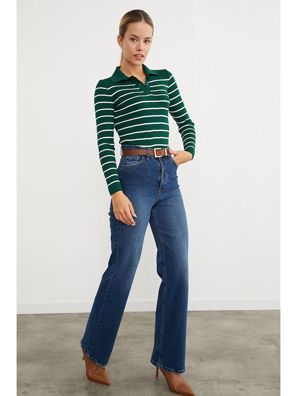 Yeşil Çizgili Polo Yaka Yarım Düğmeli Triko Kazak-1