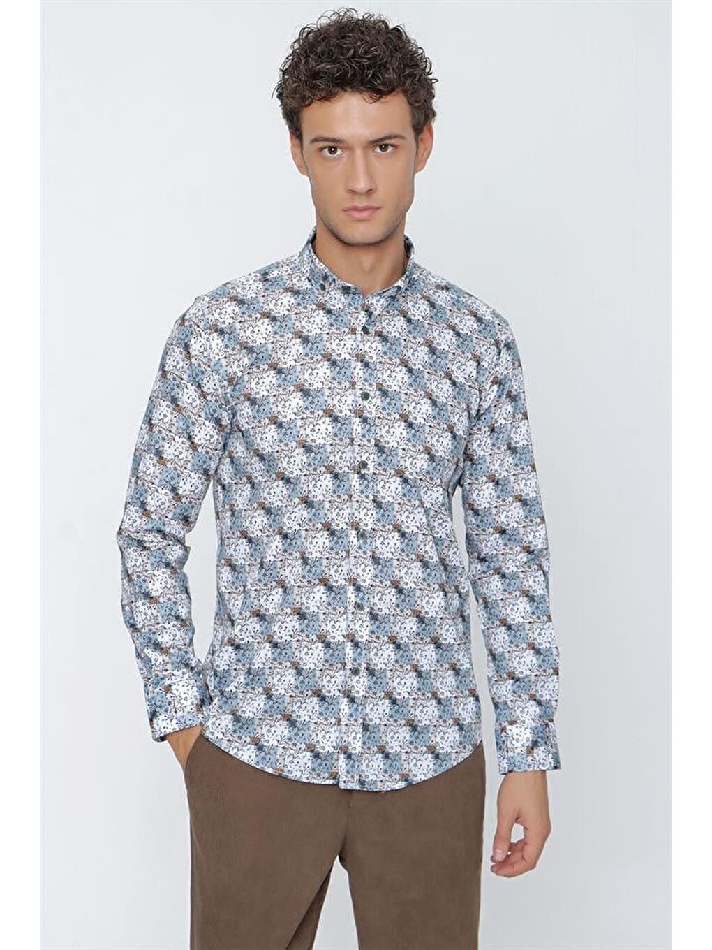 Bej Uzun Kol Baskılı Pamuklu Elastanlı Slim Fit Dar Kesim Klasik Gömlek 1004225157-1