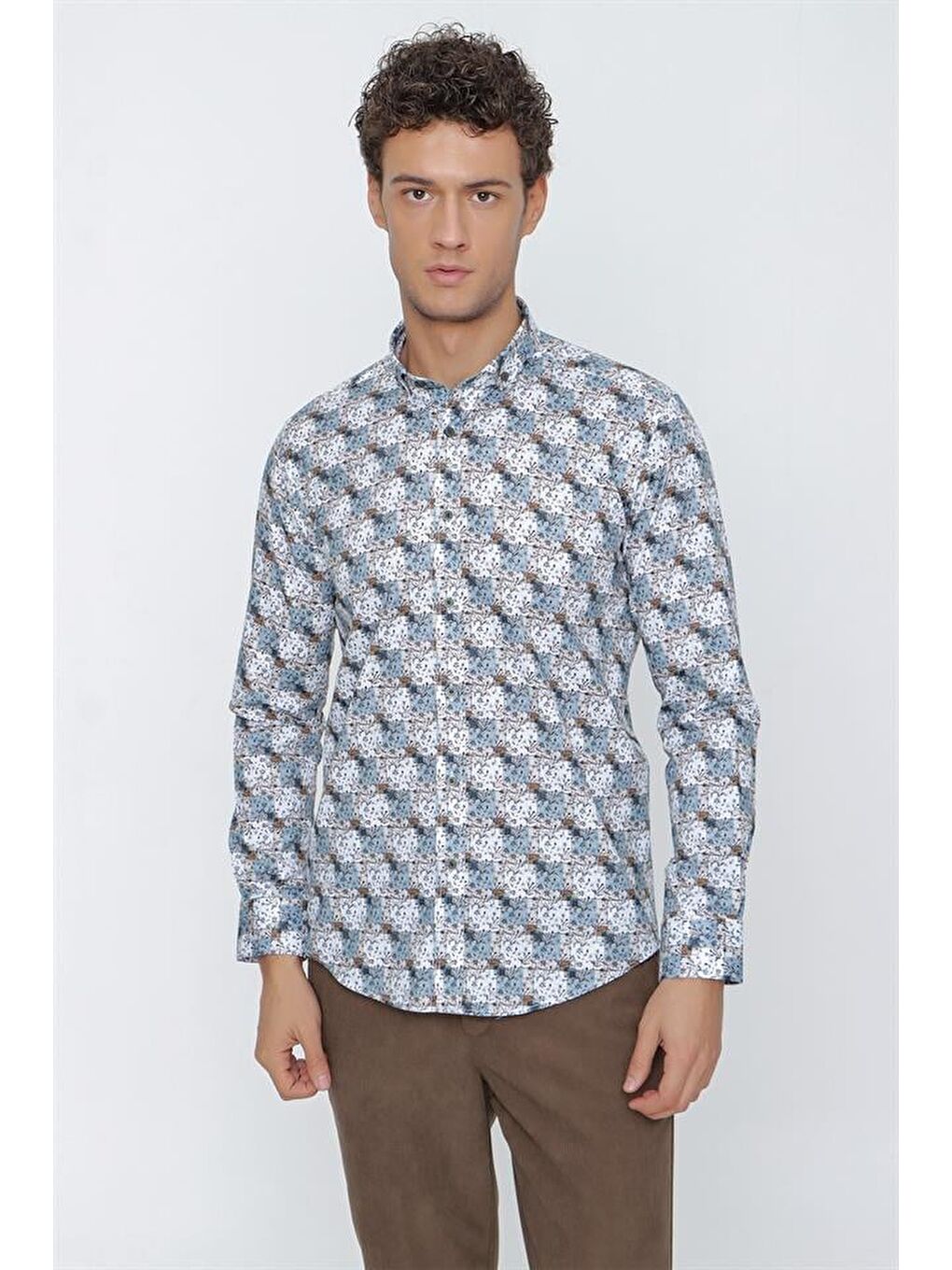 Bej Uzun Kol Baskılı Pamuklu Elastanlı Slim Fit Dar Kesim Klasik Gömlek 1004225157-2