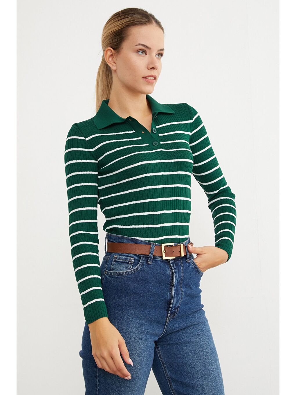 Yeşil Çizgili Polo Yaka Yarım Düğmeli Triko Kazak-2