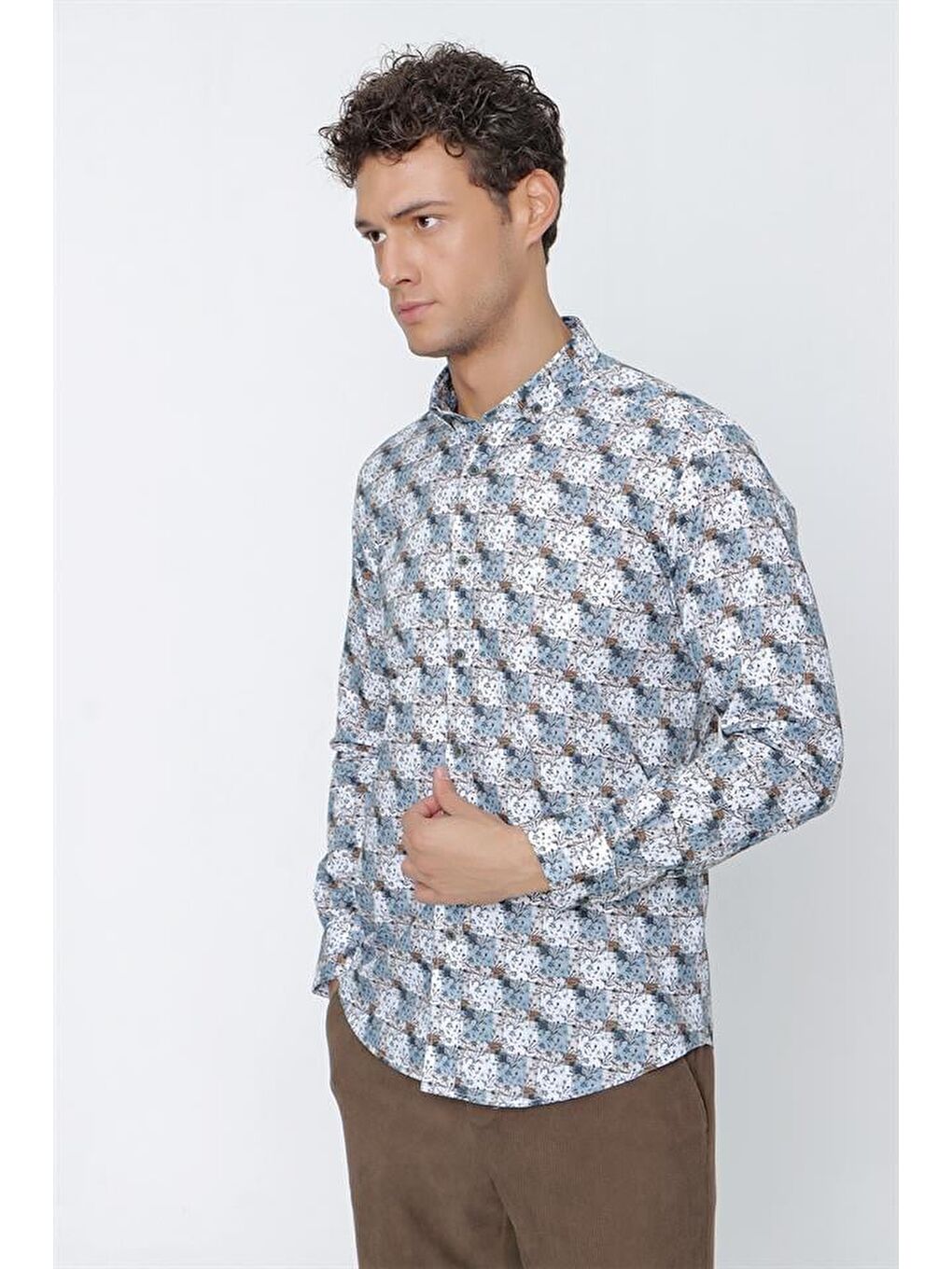 Bej Uzun Kol Baskılı Pamuklu Elastanlı Slim Fit Dar Kesim Klasik Gömlek 1004225157-3