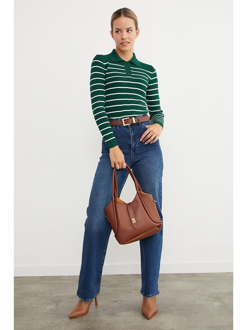 Yeşil Çizgili Polo Yaka Yarım Düğmeli Triko Kazak-3