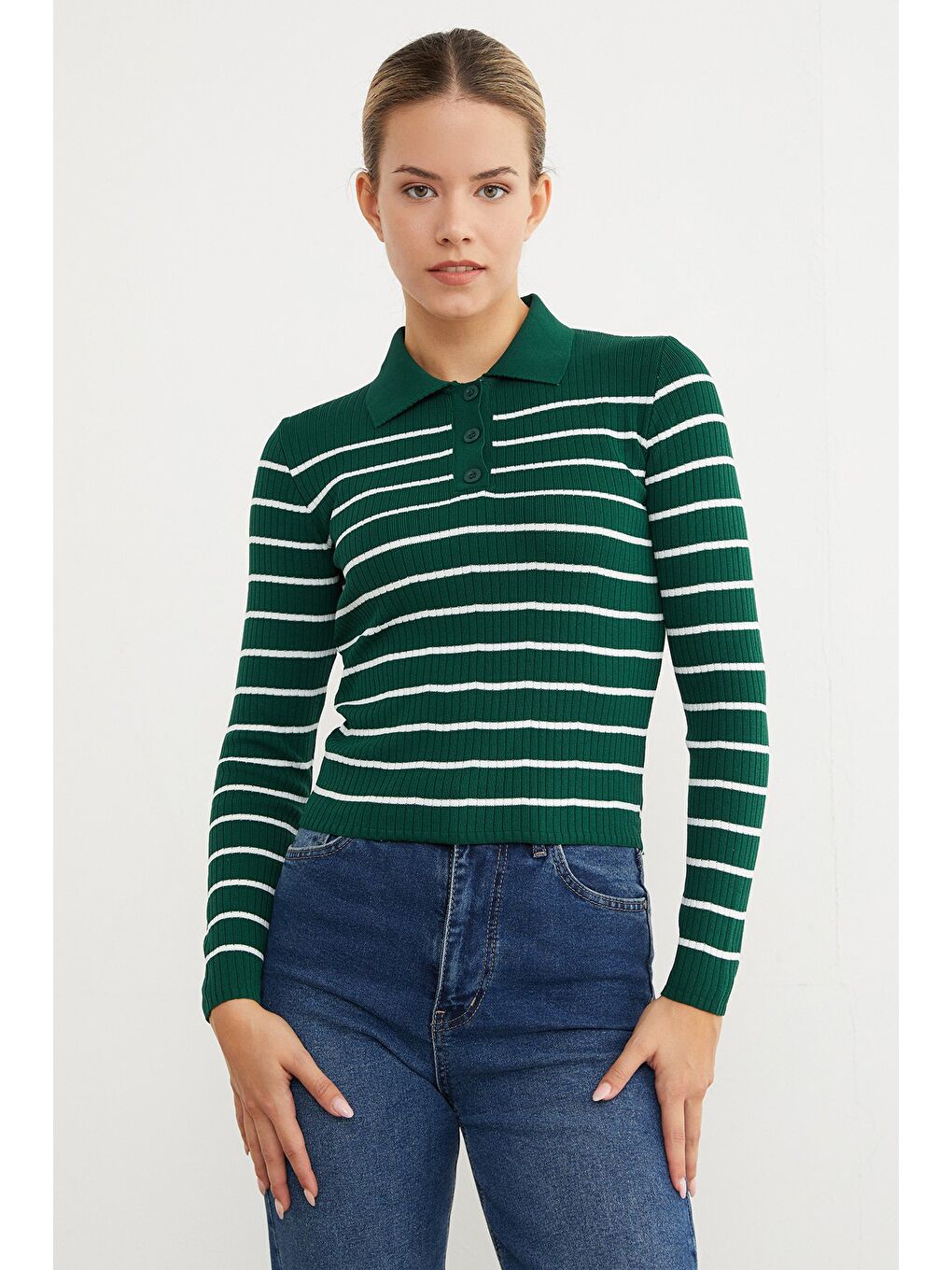 Yeşil Çizgili Polo Yaka Yarım Düğmeli Triko Kazak-4