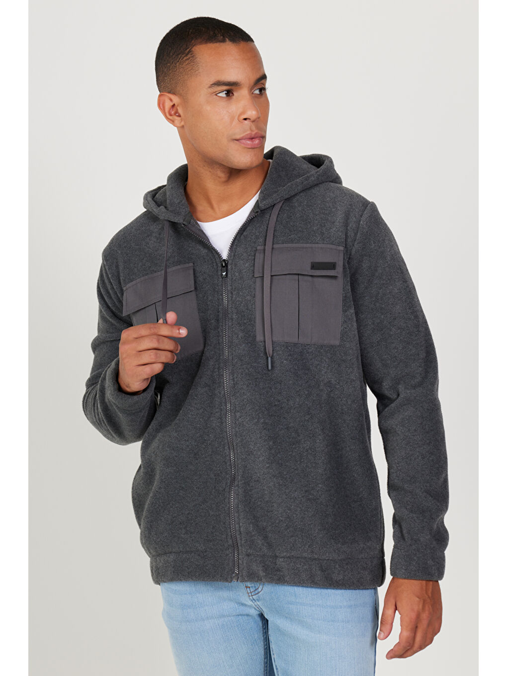 Antrasit-Melanj Standart Fit Normal Kesim Kapüşonlu Erkek Polar Fermuarlı Sweatshirt Hırka