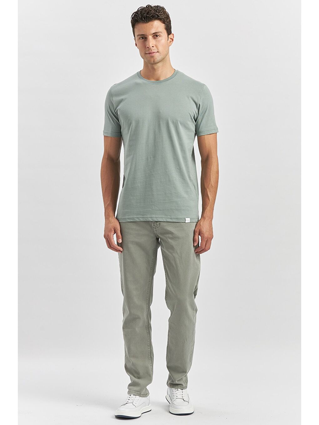 Yeşil Kısa Kol Düz Bez Ayağı Bisiklet Yaka Casual Slim Fit %100 Pamuk Tişört 1011240193-1