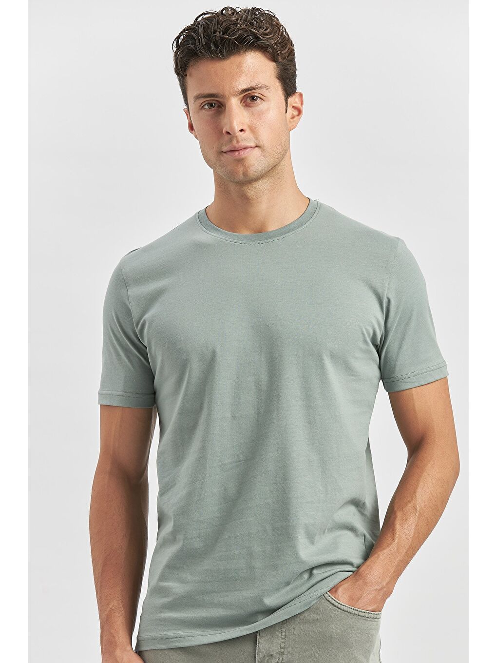 Yeşil Kısa Kol Düz Bez Ayağı Bisiklet Yaka Casual Slim Fit %100 Pamuk Tişört 1011240193-3