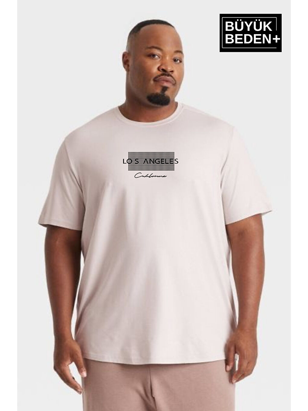 Bej Erkek Büyük Beden Las Angeles Baskılı Bisiklet Yaka Tişört SPR25BT909