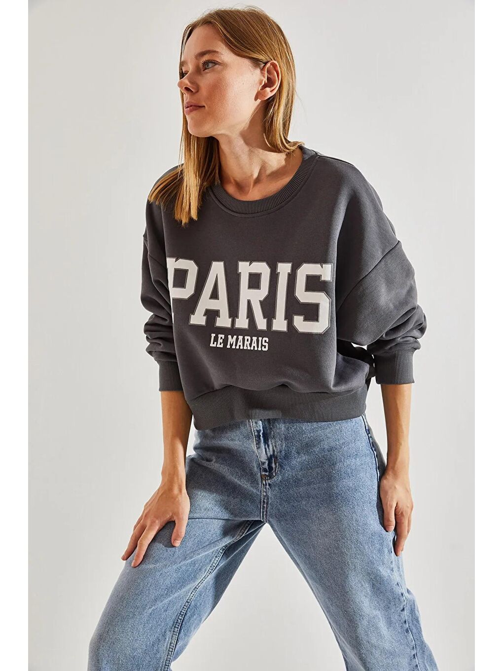 SHADE Gri Kadın Paris Baskılı Üç İplik Şardonlu Sweatshirt