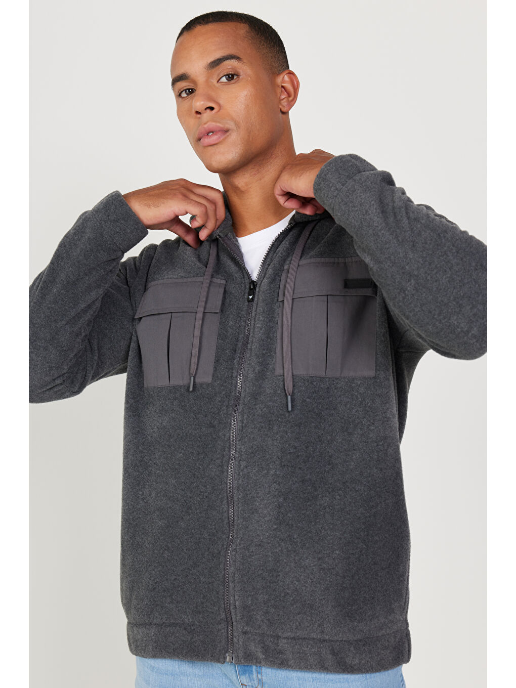 Antrasit-Melanj Standart Fit Normal Kesim Kapüşonlu Erkek Polar Fermuarlı Sweatshirt Hırka-1