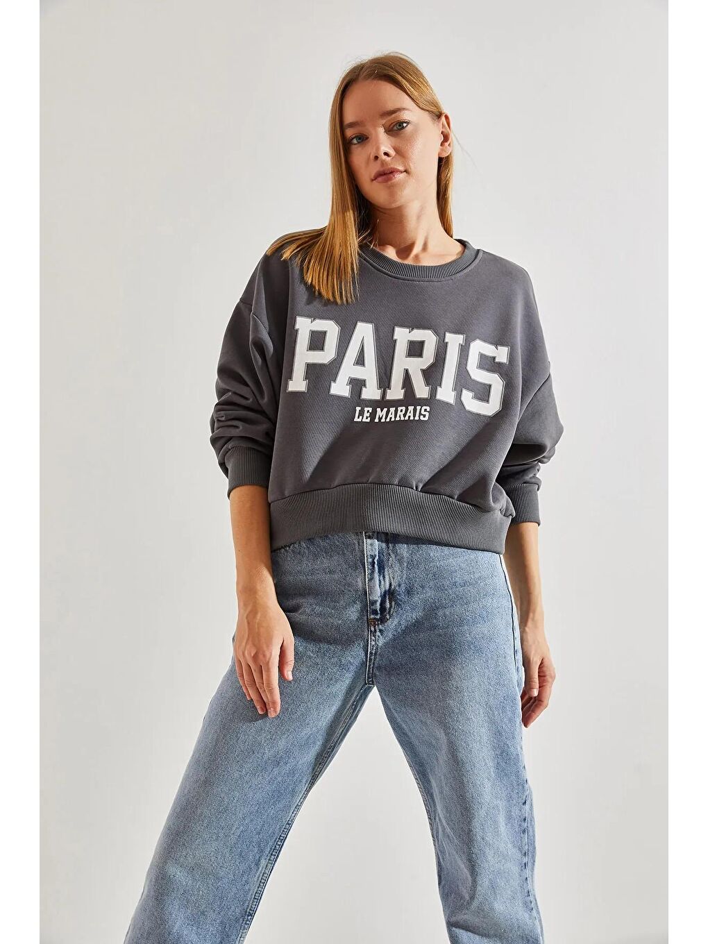 SHADE Gri Kadın Paris Baskılı Üç İplik Şardonlu Sweatshirt - 1