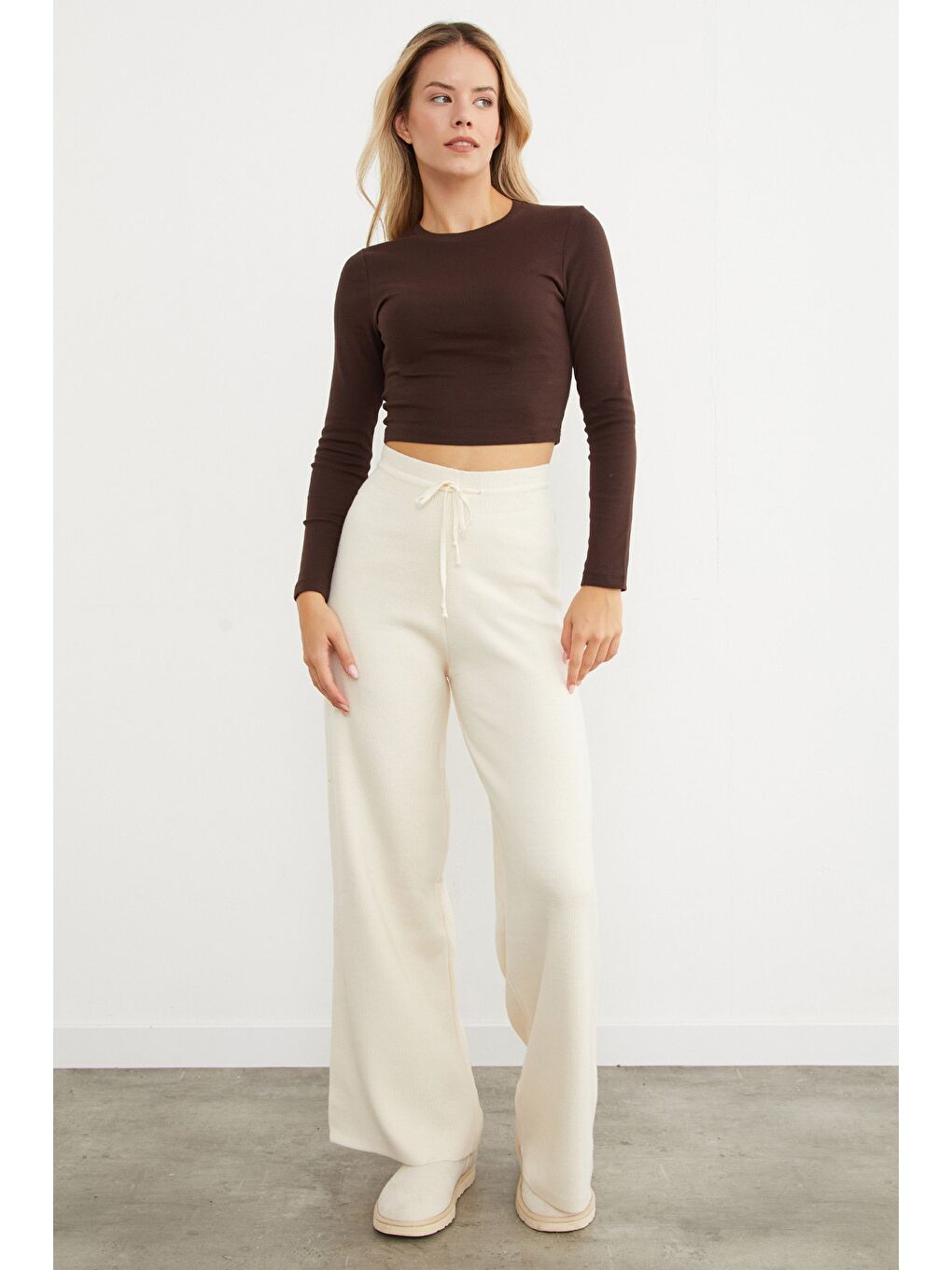 Bej Beli Lastikli Palazzo Triko Pantolon-2