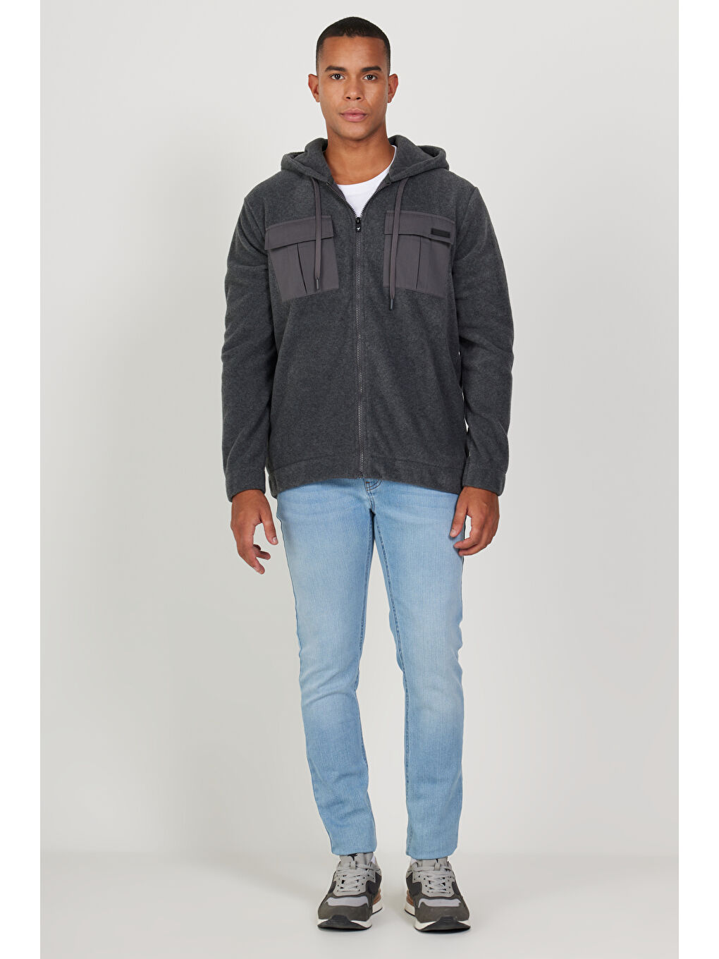 Antrasit-Melanj Standart Fit Normal Kesim Kapüşonlu Erkek Polar Fermuarlı Sweatshirt Hırka-3