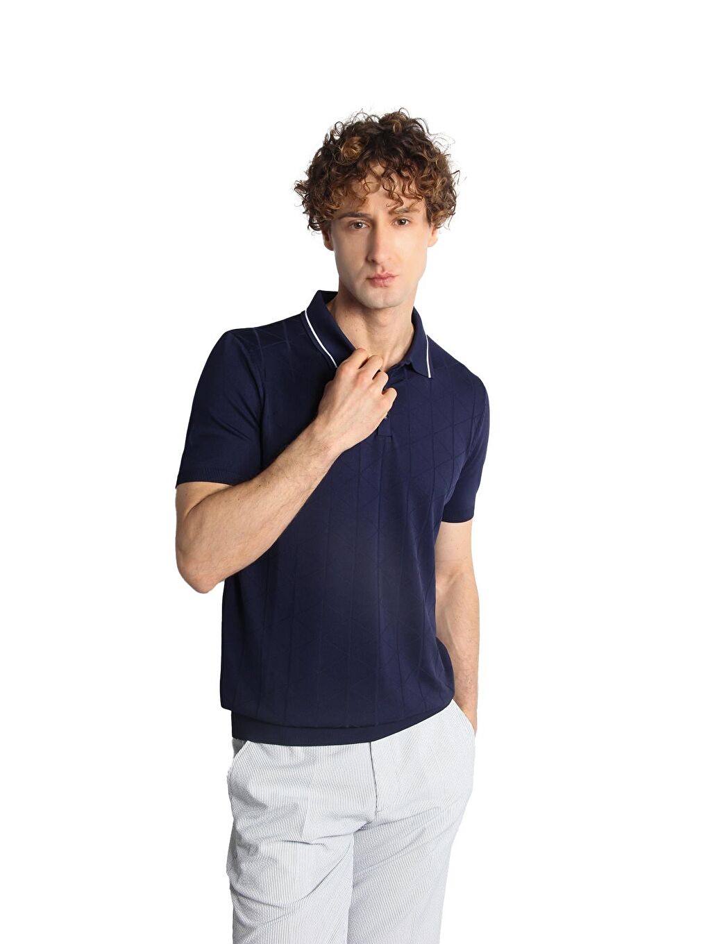 Lacivert Slim Fit Dar Kalıp Polo Yaka Düz Kısa Kollu Triko Tişört-1