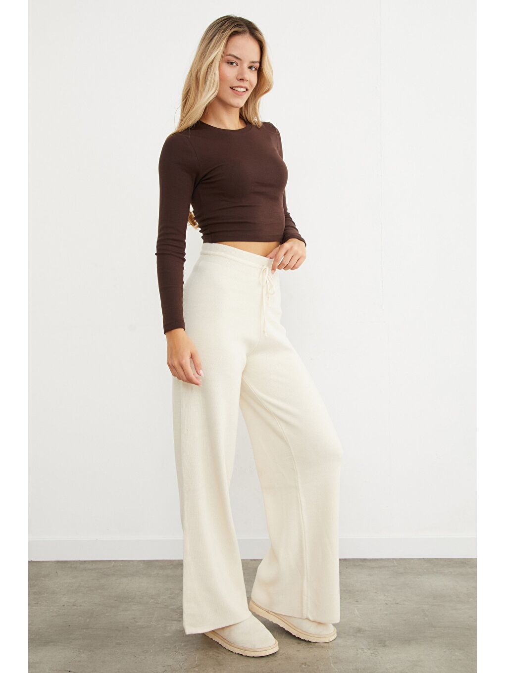 Bej Beli Lastikli Palazzo Triko Pantolon-3