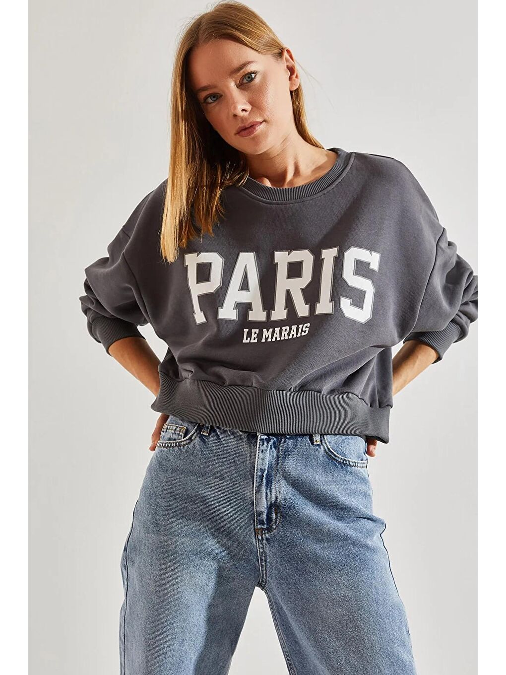 SHADE Gri Kadın Paris Baskılı Üç İplik Şardonlu Sweatshirt - 3