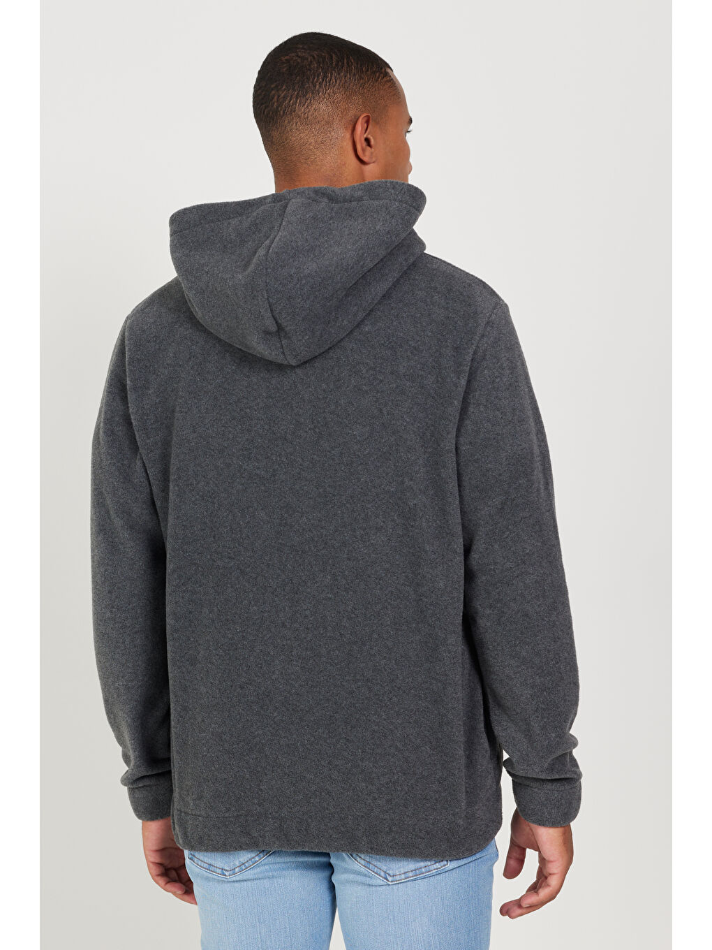 Antrasit-Melanj Standart Fit Normal Kesim Kapüşonlu Erkek Polar Fermuarlı Sweatshirt Hırka-4